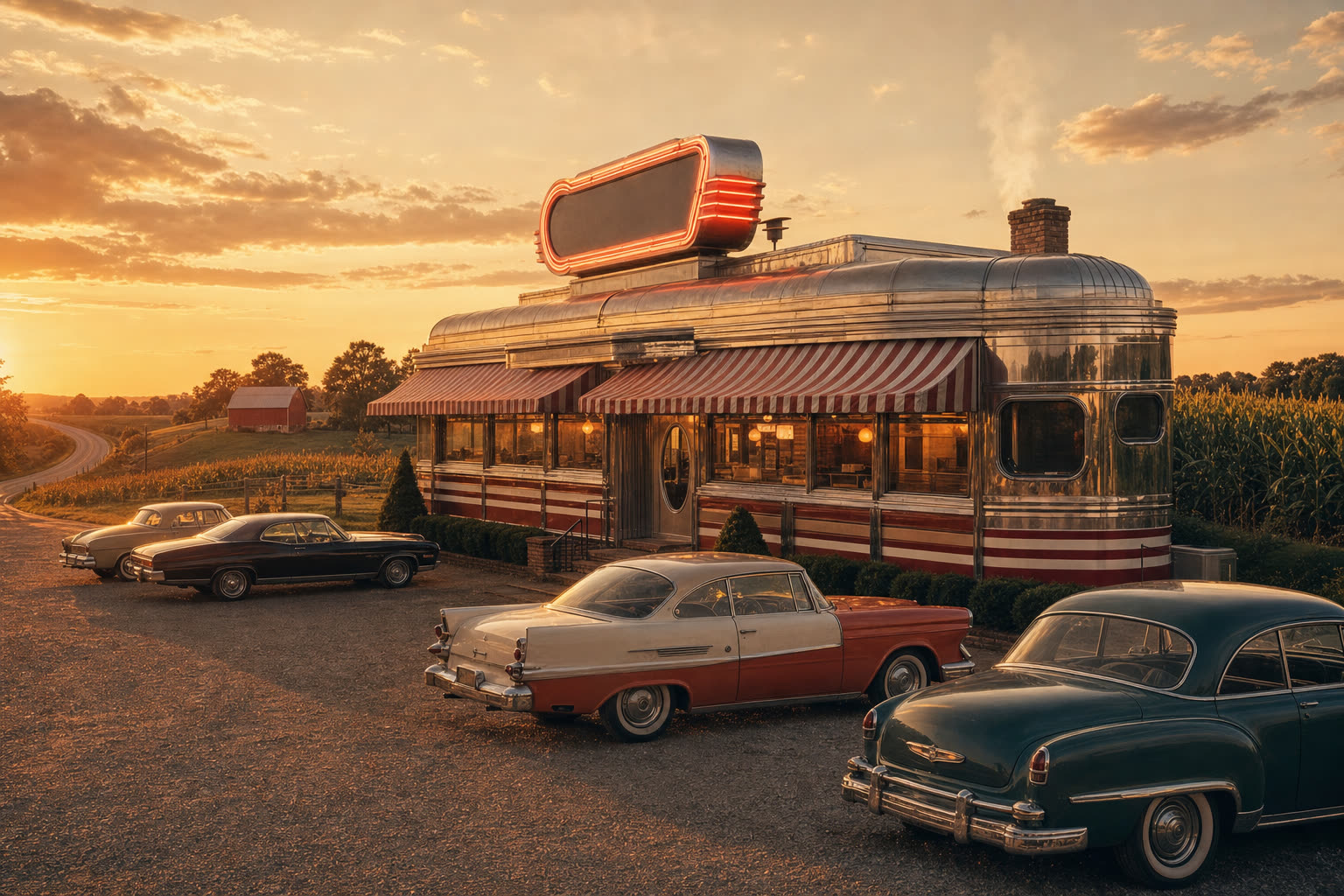 A chrome-and-porcelain roadside diner in rural Ohio at golden hour, with a red-and-white striped awning, glowing neon sign, and vintage cars parked out front beside a cornfield.