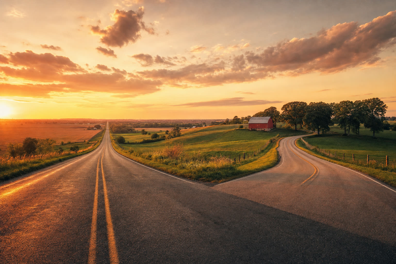 A two-lane country road forking into two paths at golden hour — one heading straight to a flat horizon, the other curving through rolling hills past a red barn.