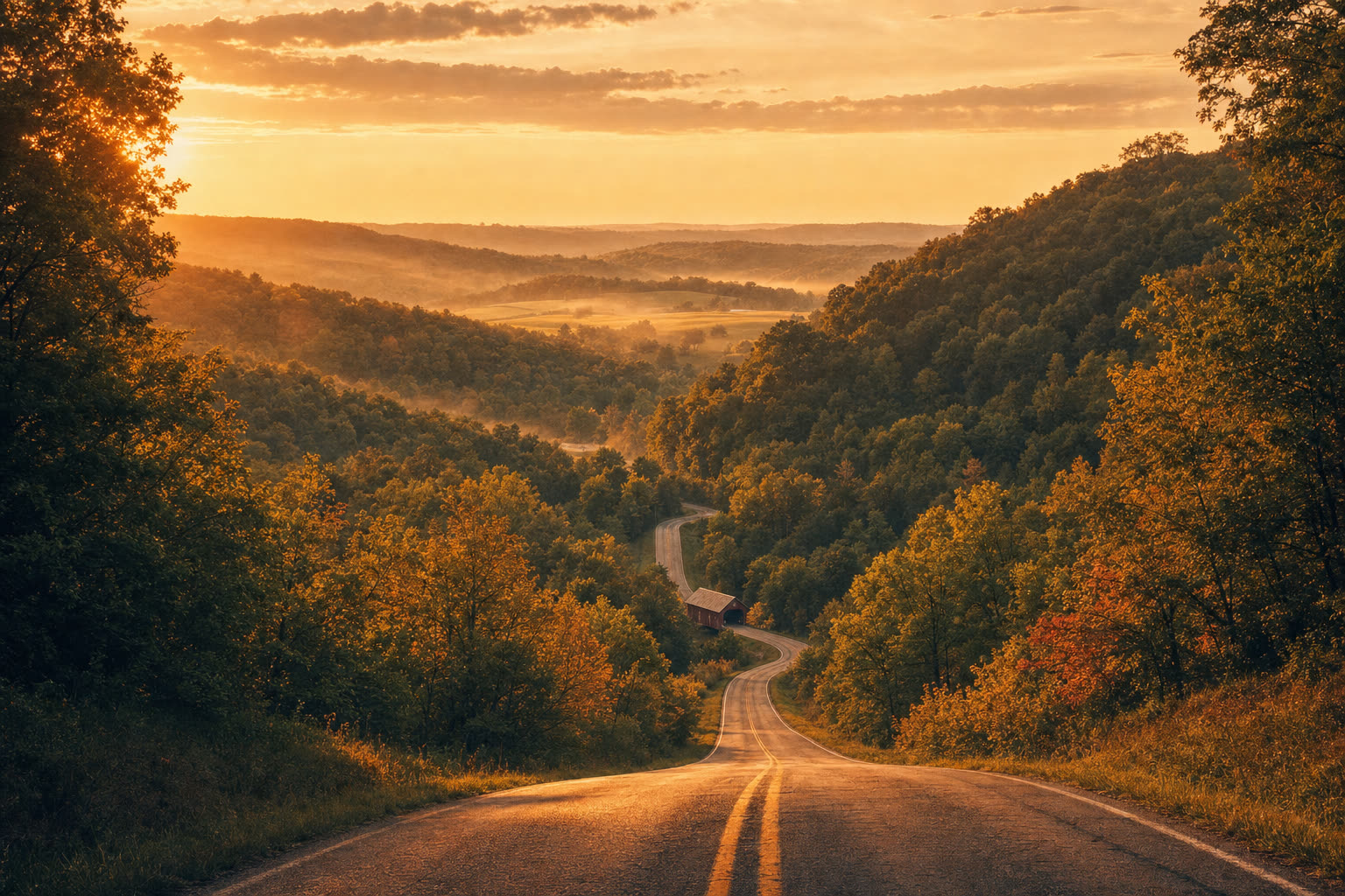 A two-lane country road descending through the layered forested hills of southeast Ohio at golden hour, weaving into a valley with a small covered bridge visible in the middle distance.