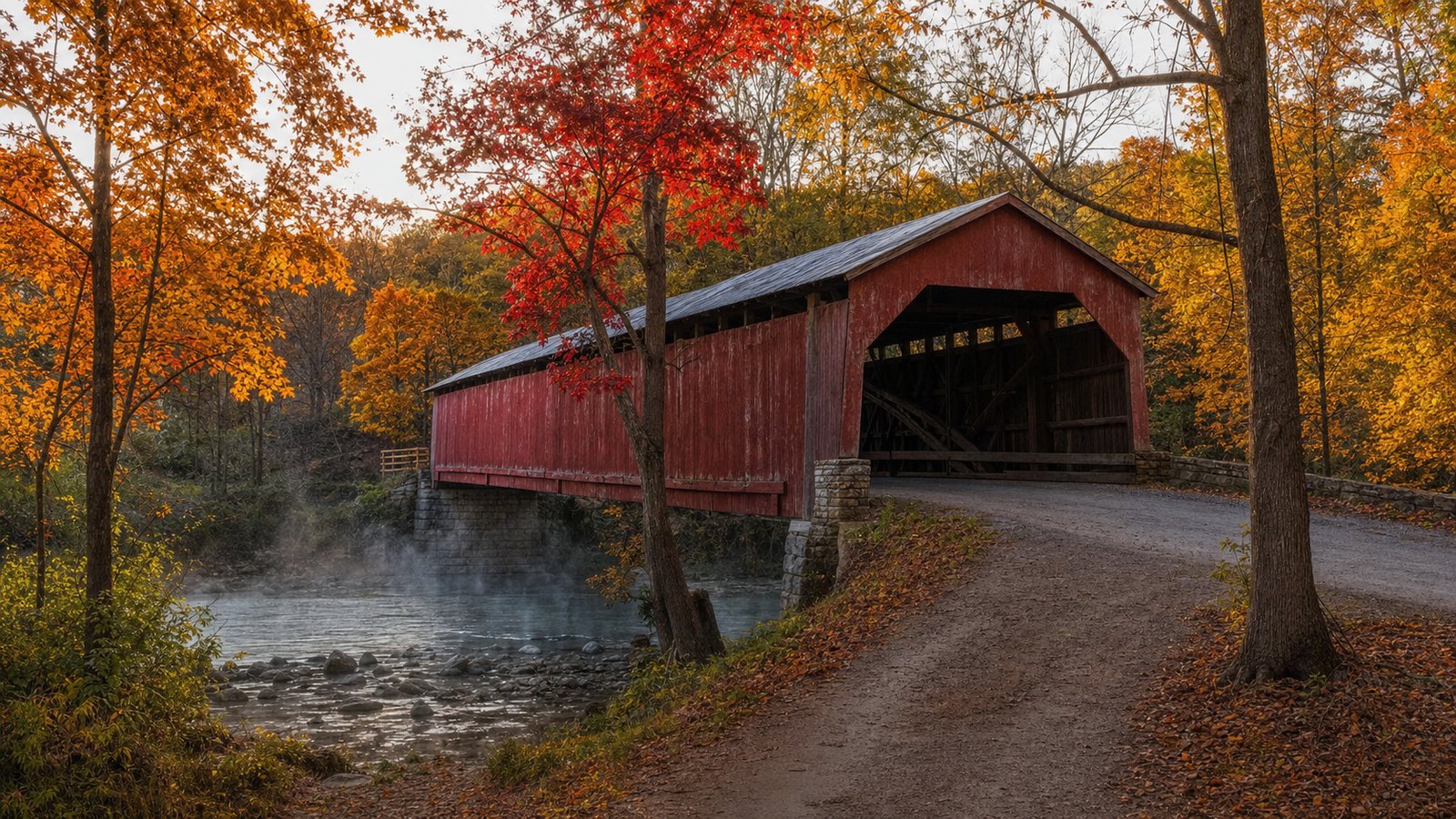 A weathered red wooden covered bridge in rural Ohio, spanning a shallow creek surrounded by trees in peak fall color, with soft mist rising from the water and a dirt road leading toward the bridge.