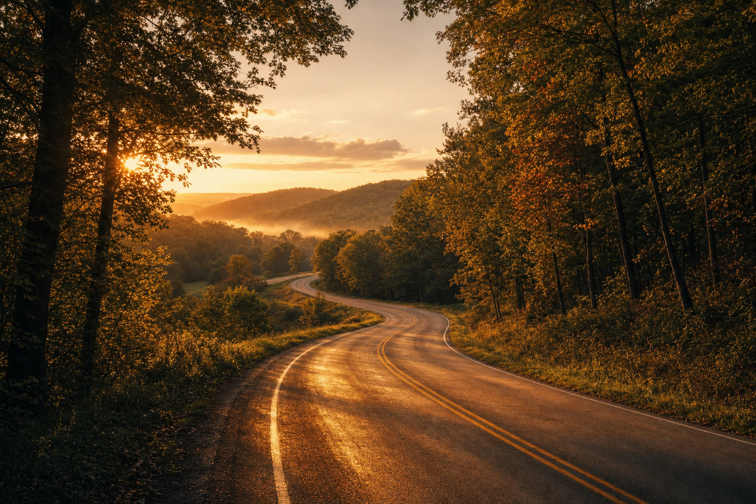 A winding two-lane backroad curving through wooded rolling hills at golden hour, with mist gathering in the distant valley.