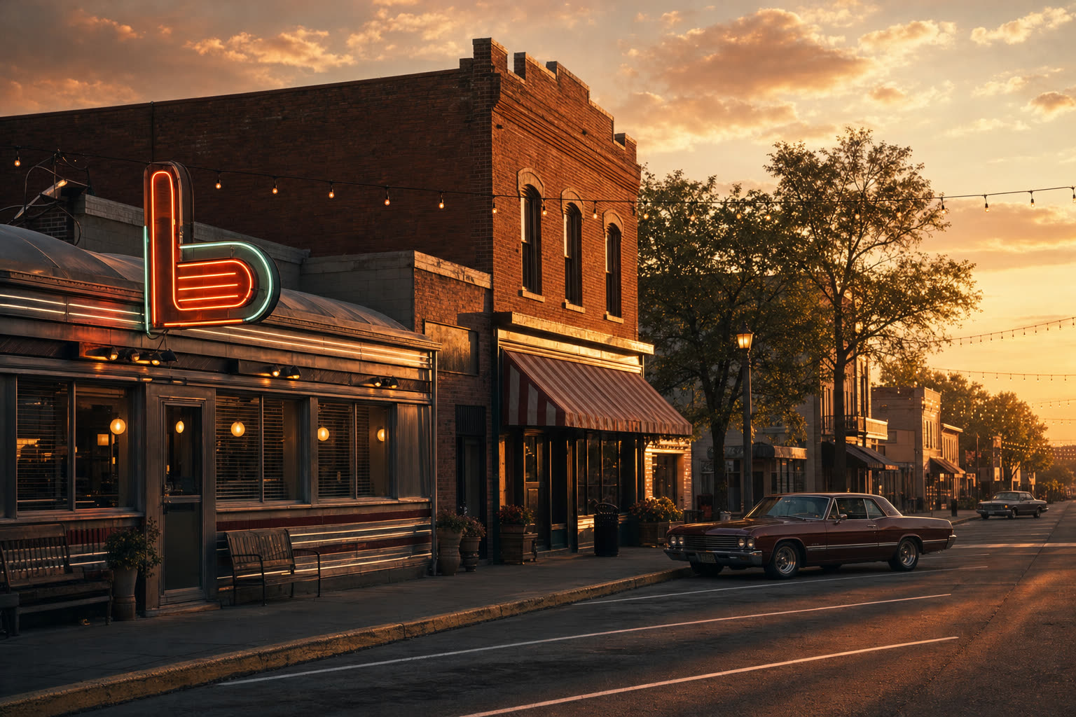 A quiet small-town main street at golden hour with a chrome-and-neon diner, a red-brick storefront with a striped awning, and a vintage car parked at the curb.